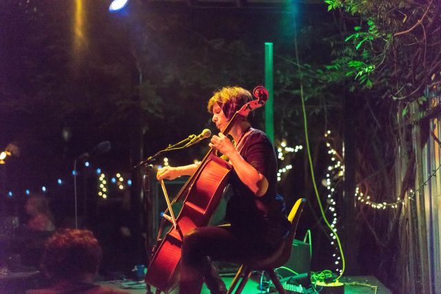 Cellist helen gillet, at bacchanal wine Cellist helen gillet, at bacchanal wine