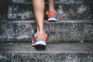 runners feet running up stairs 